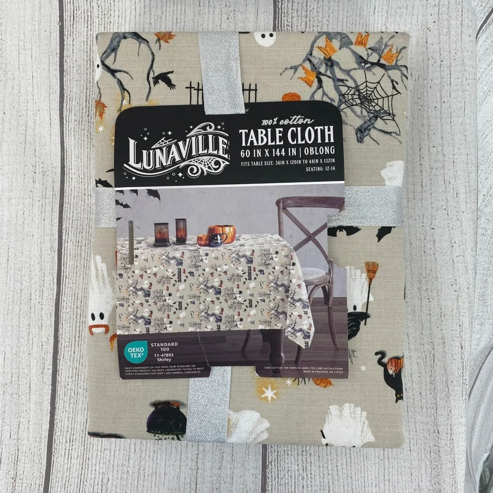 Lunaville Halloween Tablecloth 60x144 Oblong Tan Ghost Cat Pumpkin Cotton